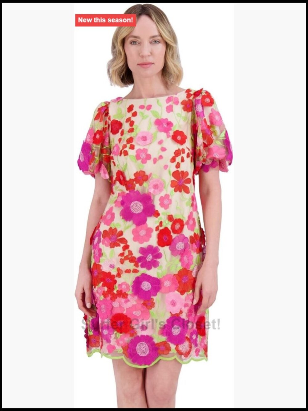 Eliza J Floral Puff Sleeve Midi Dress Sheath Zipper Back Boat Neck